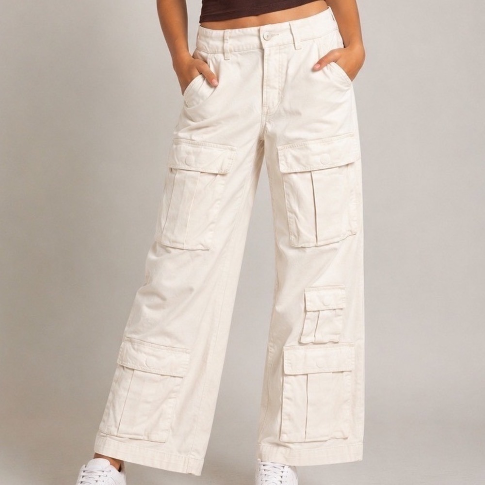 Forever 21 Cargo Pants Women Small Cream Wide Leg Multi Pocket Y2K Utility